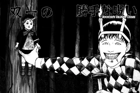 Junji Ito's Souichi trzyma w ręku młotek, a jego zęby są naostrzone. Obok wisi lalka z gwoździami w głowie.