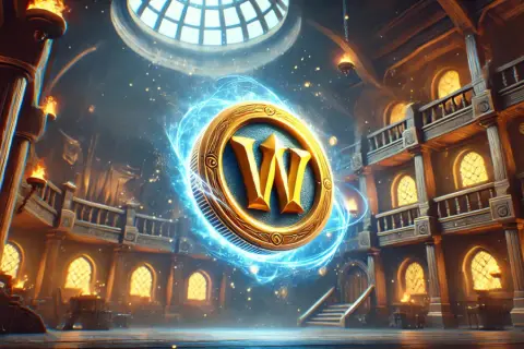 Złoty symbol "W" otoczony niebieską energią, unoszący się wewnątrz wielkiej, drewnianej sali z balkonami i oknami. To symboliczny wow token.