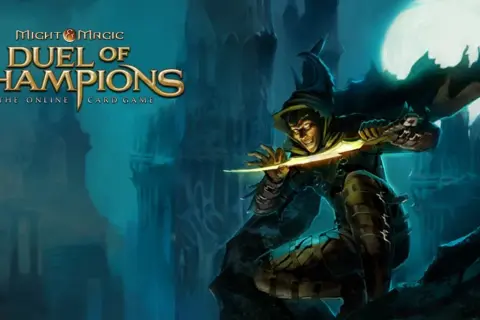 Mroczny łotrzyk z błyszczącym sztyletem w ręku, gotowy do walki w grze Might & Magic: Duel of Champions.