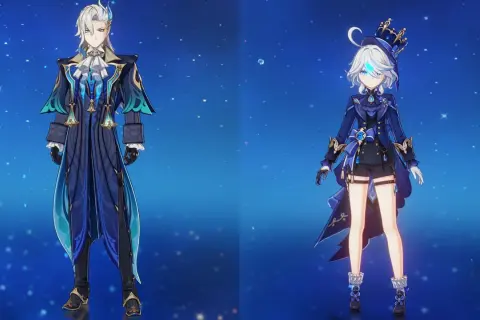 Dwaj bohaterowie Genshin Impact, wysoki mężczyzna i niższa dziewczyna, prezentują swoje stroje. Różnice w **genshin characters height** są widoczne.
