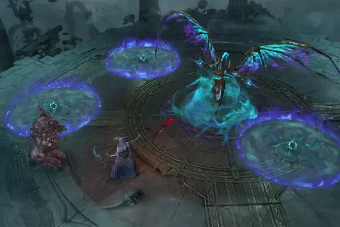 Diablo 4 update: walkiria walczy z potworem i demonem w otoczeniu magicznych kręgów.