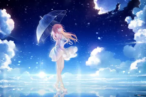 Urocze anime dziewczynki z różowymi włosami, trzymające przezroczysty parasol, stoją na lustrzanej tafli wody pod rozgwieżdżonym niebem.