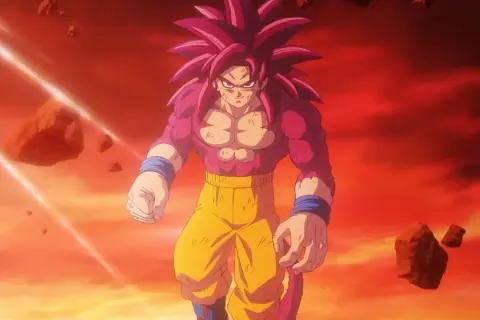 Goku w formie SSJ4, z różowym futrem i długimi, czerwonymi włosami, stoi na tle czerwonego, burzowego nieba.
