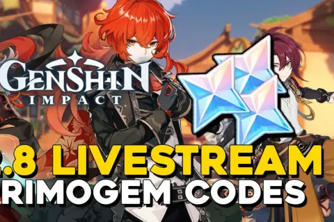Genshin Impact: 2.8 livestream primogem codes. Postać Diluca i Kazuha z błyszczącymi kryształami.
