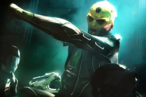 Thane Krios z Mass Effect w akcji, celuje z broni. Obok niego dwaj żołnierze w hełmach.