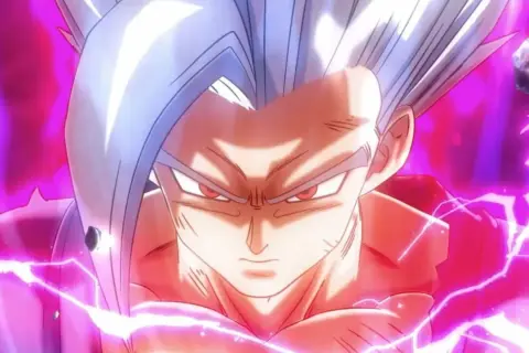 Gohan w swojej najpotężniejszej formie, z białymi włosami i intensywnym spojrzeniem, otoczony fioletową aurą i błyskawicami. To jego Ultra Instynkt.