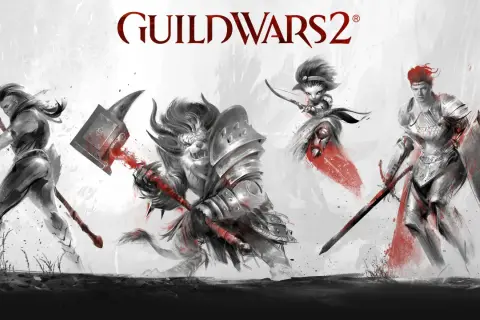 Cztery postacie z Guild Wars 2 dodatki: wojowniczka z kosą, charr z młotem, sylvari łuczniczka i człowiek w zbroi.