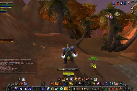 Gracz w grze MMORPG, postać orka z zieloną czupryną, stoi na pustynnym terenie z palmami. Widoczny interfejs gry, czat i paski umiejętności. Wow polski serwer!