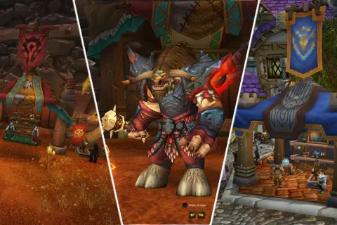 Targowisko w Azeroth: Horda i Przymierze handlują w swoich osadach. W centrum potężny tauren w zbroi.