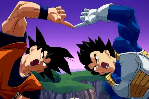 Goku i Vegeta wykonują taniec fuzji, przygotowując się do potężnego połączenia w Dragon Ball.