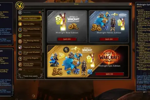 Ekran sklepu World of Warcraft z edycjami Midnight: Base, Heroic i Epic. Wow gra!