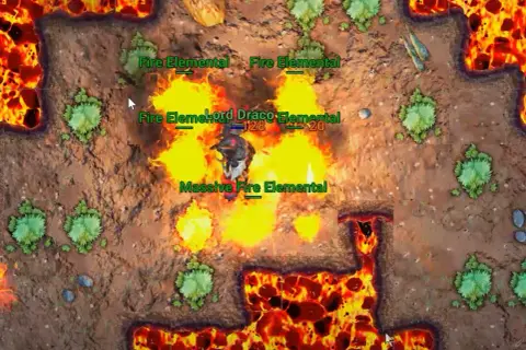 W świecie tibia 3d, gracz walczy z Lordem Draco Elemental, otoczonym przez ogień i innych żywiołaków.