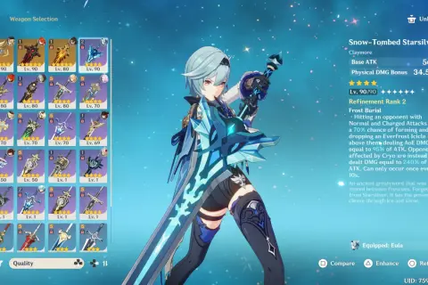 Eula Genshin Impact z Snow-Tombed Starsilver. Wiele broni do wyboru, ale ta lodowa jest jej ulubioną.