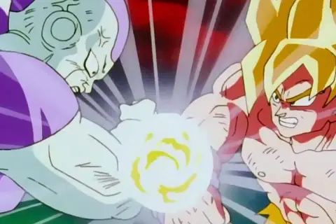 Zacięta walka Goku vs Frieza. Obaj wojownicy napinają mięśnie, przygotowując się do potężnego ataku energetycznego.