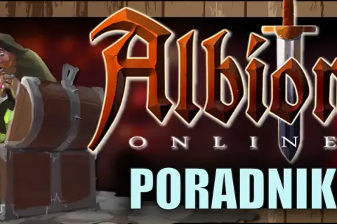 Krasnolud z brodą przegląda skrzynię pełną klejnotów. W tle logo gry Albion Online i napis "PORADNIK".