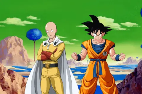 Saitama i Goku stoją naprzeciw siebie, gotowi do walki. Ich starcie to marzenie fanów.