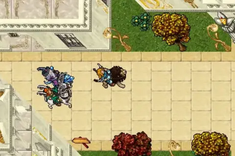 Postacie z gry Tibia na rynku, jedna na koniu, druga na bestii.