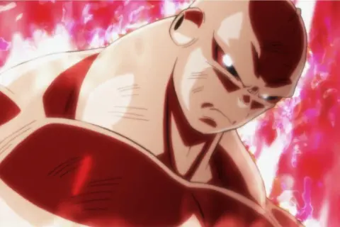 Jiren w czerwonej poświacie, gotowy do walki w Dragon Ball Super odc 130. Jego mięśnie napinają się, a oczy płoną determinacją.
