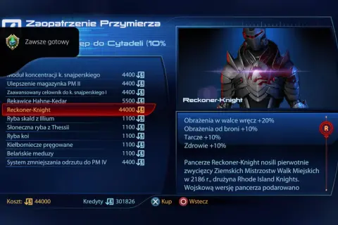 Pancerz Reckoner-Knight, element wyposażenia dla towarzyszy z Mass Effect 3, zwiększa obrażenia i tarcze.