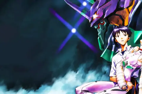 Shinji trzyma Rei, która jest ranna, obok gigantycznego Evangeliona. Scena z Neon Genesis Evangelion odc 1.