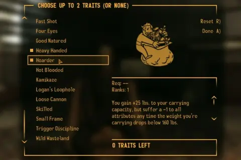 Wybór cechy "Hoarder" w Fallout: New Vegas. Zwiększa udźwig, ale obniża atrybuty, gdy ekwipunek jest lekki.