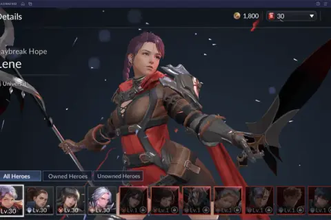 Lene, bohaterka z gry Seven Knights 2, w zbroi i z kosą. Poniżej lista dostępnych postaci.