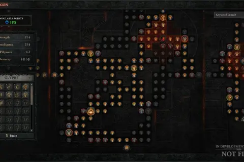 Interfejs drzewka umiejętności Diablo 4 z dostępnymi 195 punktami. Widoczne statystyki postaci i dostępne glify.
