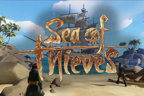 Złoty napis "Sea of Thieves" na tle tropikalnej wyspy, statku i dwóch piratów. Rozpoczynają się opowieści o piratach!