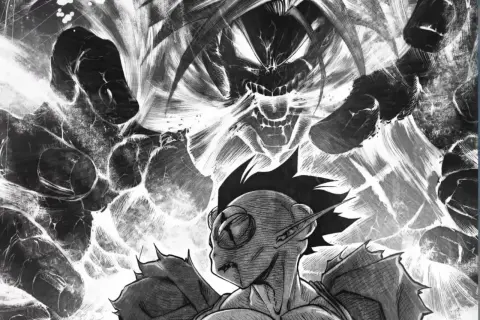 Potężny demon z Dragon Ball Kakumei w furii, otoczony mroczną energią.