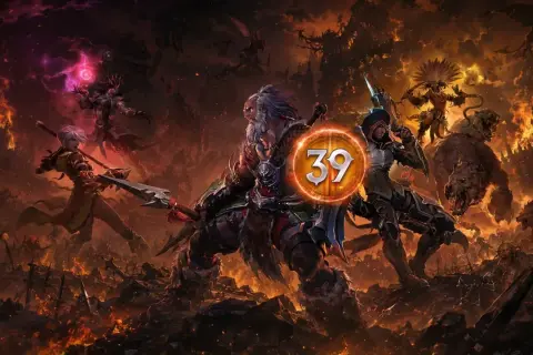 Bohaterowie Diablo 3 sezon 39 walczą z hordami demonów na tle płonącego świata.