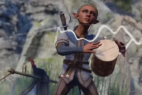 Elfka BG3 bard gra na bębnie, gotowa do akcji.