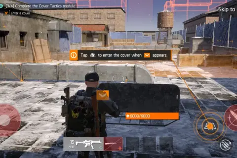 Gracz w The Division Resurgence uczy się taktyki osłony na dachu.