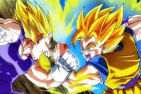 Goku i Vegeta w formie Super Saiyan walczą wręcz, ich pięści zderzają się, emanując potężną energią.
