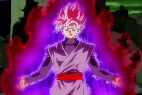 Goku Black w różowych włosach i czarnym stroju, otoczony fioletową i czerwoną aurą mocy, gotowy do walki.