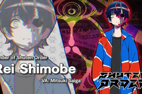 Rei Shimobe, założyciel Shuten Order, z uszkodzoną twarzą, w kolorowej kurtce. Styl graficzny przypomina gry od Spike Chunsoft.