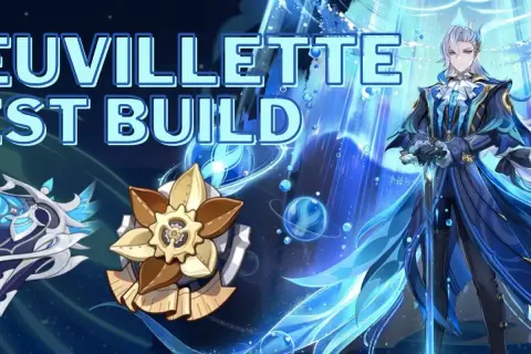 Neuvillette z Genshin Impact w niebieskim stroju, obok artefaktów. Tekst "NEUVILLETTE BEST BUILD" na górze.