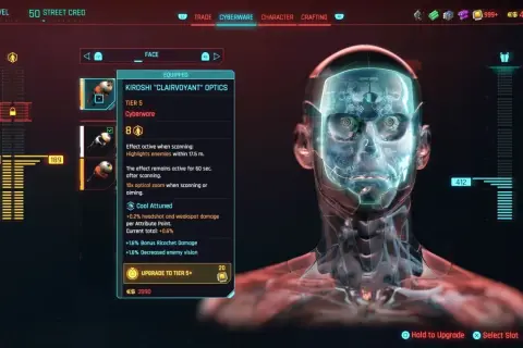 Cyberpunk 2077: menu z cyberware'em, gdzie widzimy ulepszenie dla oczu Kiroshi "Clairvoyant" Optics.