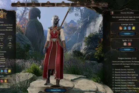 Postać BG3 Sorcerer, mroczna elfka z draconiczną krwią, gotowa do walki.