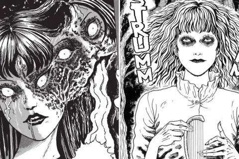 Dwie przerażające postacie z mangi Junji Ito. Po lewej dziewczyna z rozpadającą się twarzą, po prawej kobieta z pustymi oczami i lirą.
