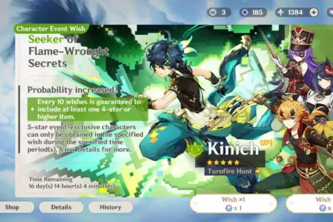 Aktualny baner Genshin Impact: Kinich UP! z postaciami Venti, Raiden Shogun, Kazuha, Yae Miko i Thoma.