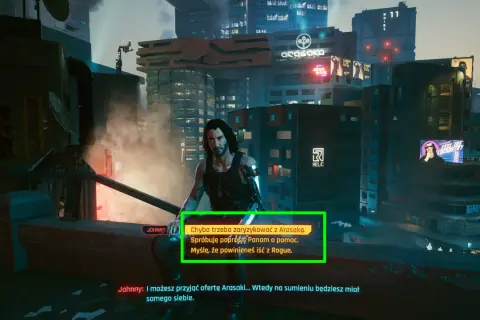 Johnny Silverhand w Night City, rozważa współpracę z Arasaką lub prośbę o pomoc od Panam.