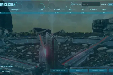 Lista sesji polskie serwery ark: Fjordur, 0/10 graczy, ping 77, dzień 244, tryb PVP.