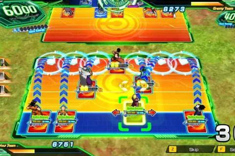 Bitwa w Dragon Ball Heroes: Goku i przyjaciele walczą z wrogami na arenie, zbierając energię i wykorzystując umiejętności.