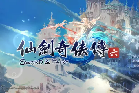 Postać z mieczem legend, na tle fantastycznego miasta. Tytuł gry: Sword & Fairy.