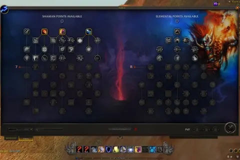 Gracz na poziomie 125 w World of Warcraft przegląda drzewko talentów szamana, wybierając umiejętności.