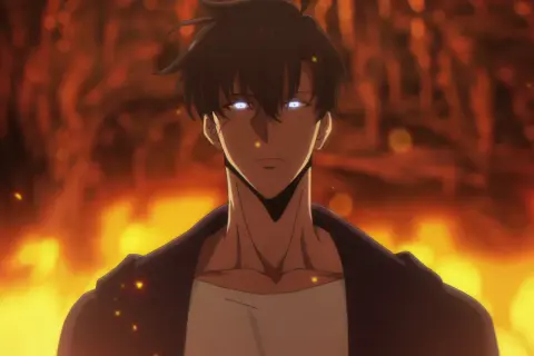 Sung Jinwoo z solo leveling anime z płonącymi oczami na tle ognia.