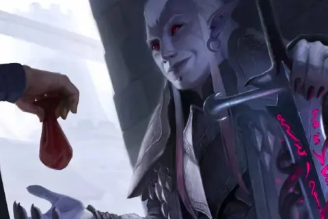 Uśmiechnięty hexblade warlock z czerwonymi oczami otrzymuje sakiewkę. Jego miecz lśni mroczną magią.