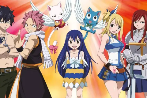 Postacie z anime Fairy Tail: Gray, Natsu, Wendy, Lucy, Erza oraz latające koty Happy i Carla.