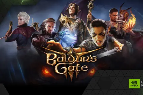 Postacie z Baldur's Gate 3 na tle miasta, gra dostępna w GeForce NOW.