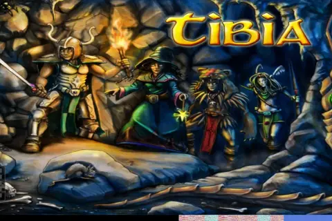 Czterech bohaterów, w tym rycerz, czarodziejka i łuczniczka, przygotowuje się do przygody w świecie gry Tibia.